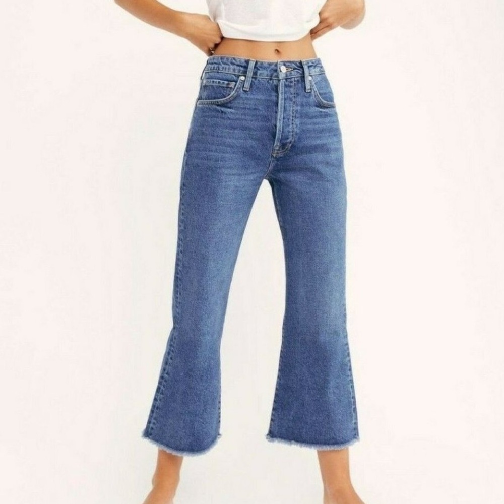 Free People Cropped Flare Jeans in Medium Blue Denim